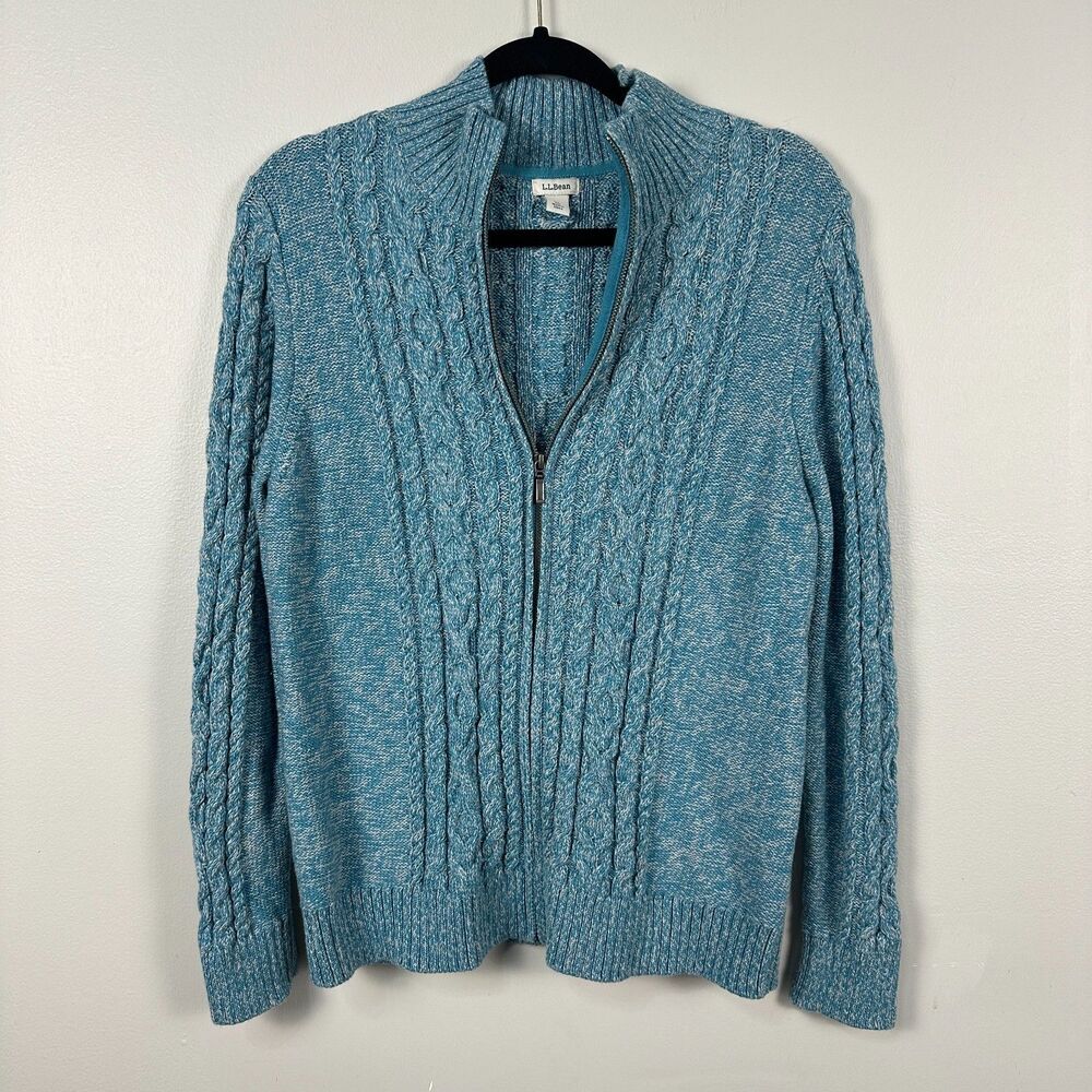L.L Bean Womens XL Petite Full Zip Cable Knit Sweater Blue Cotton LL Bean XLP
